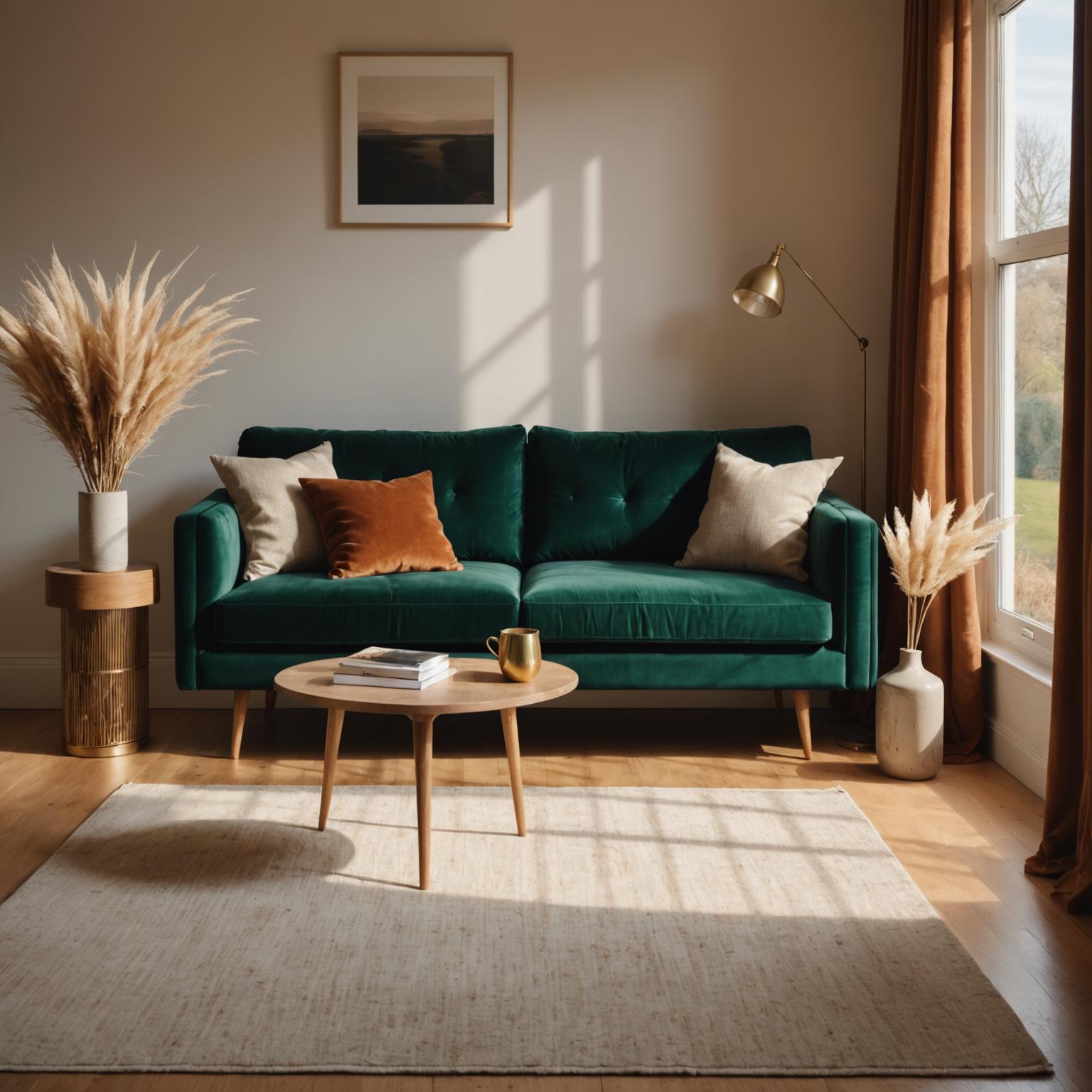 A custom-made emerald velvet sofa in a sunlit London apartment