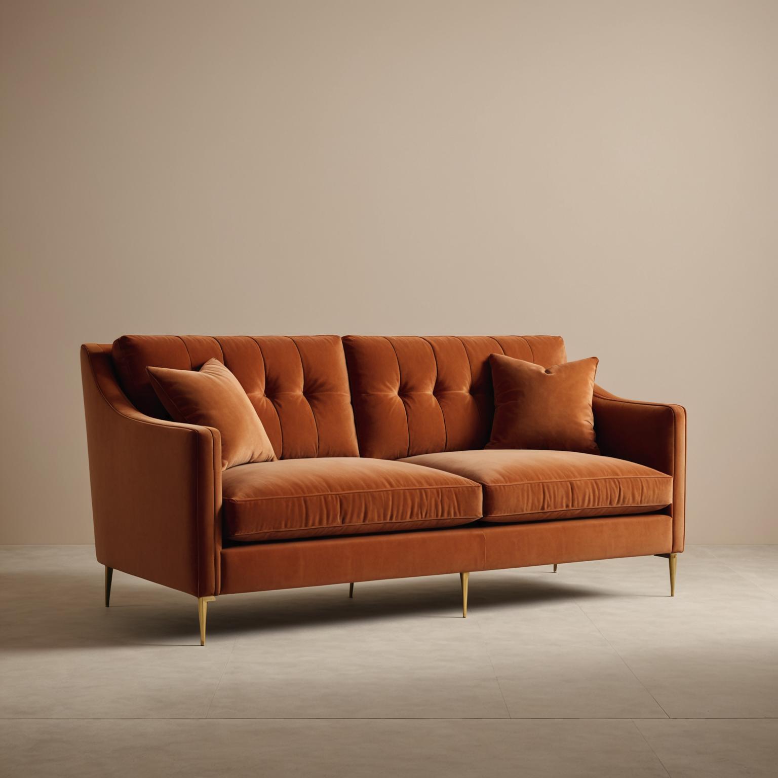 Channel-tufted terracotta velvet sofa with brass legs