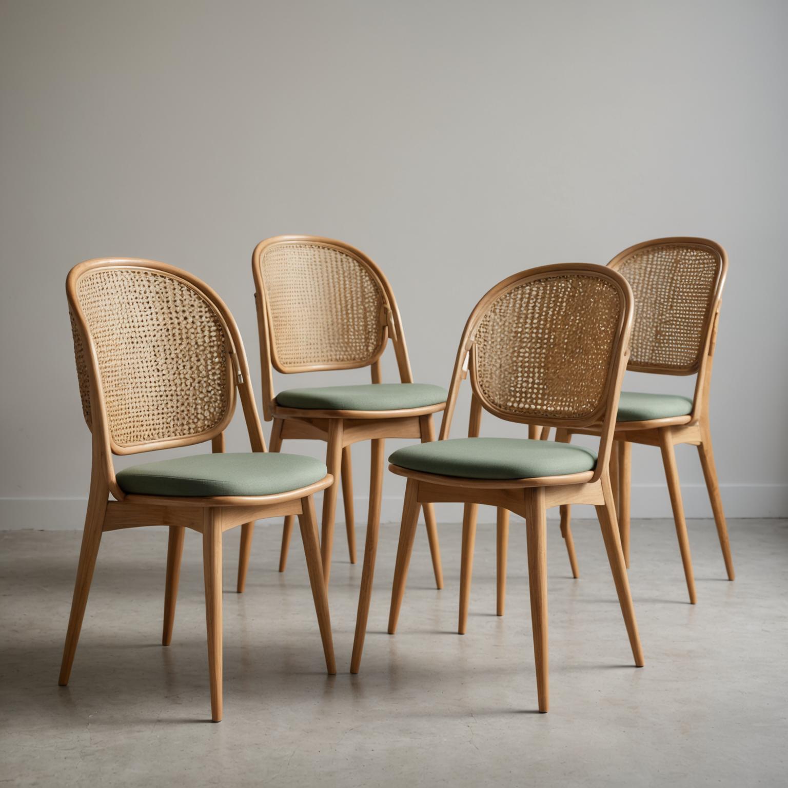 Cane-back dining chairs with beech frames in sage green