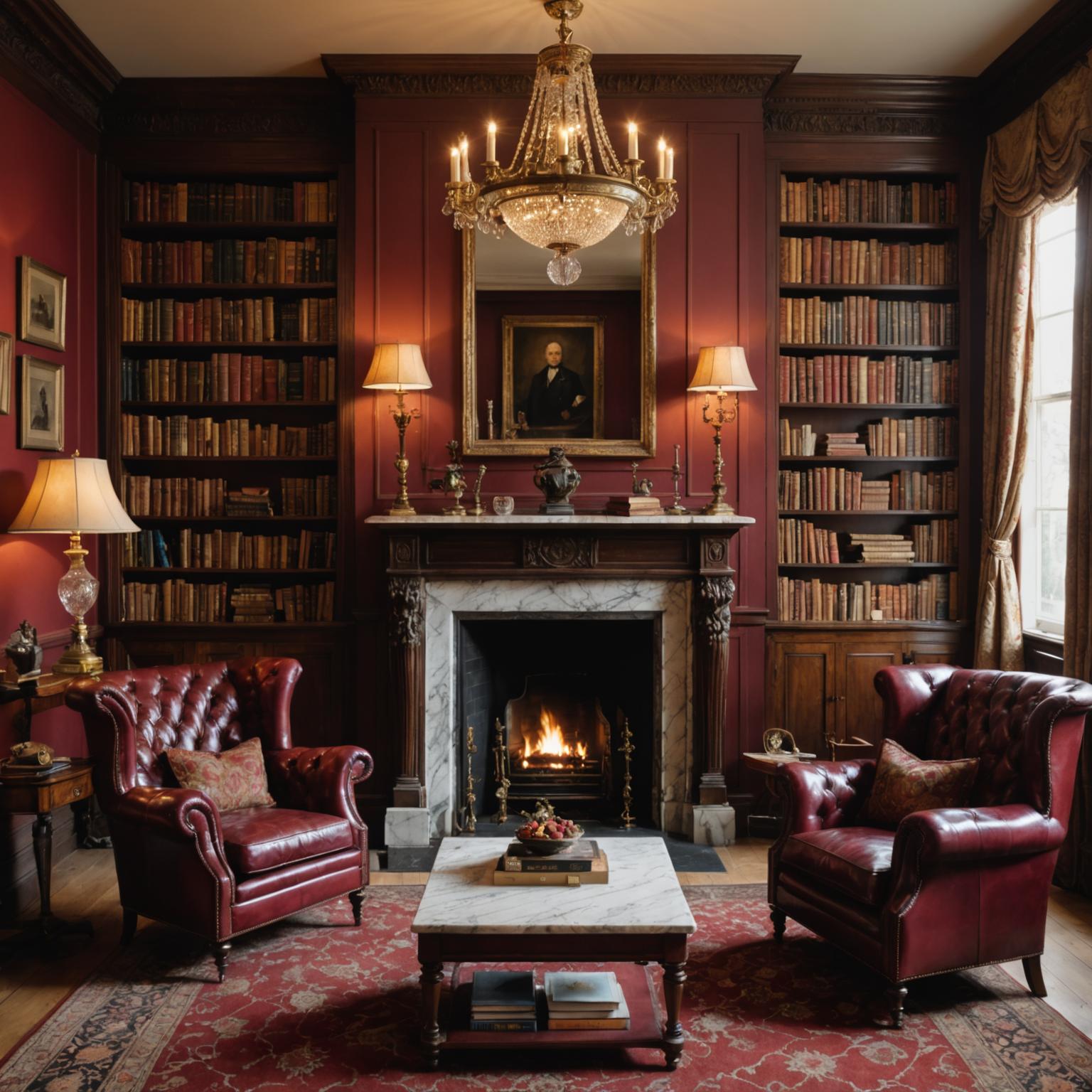 Classical sitting room with custom-made burgundy Chesterfield sofa