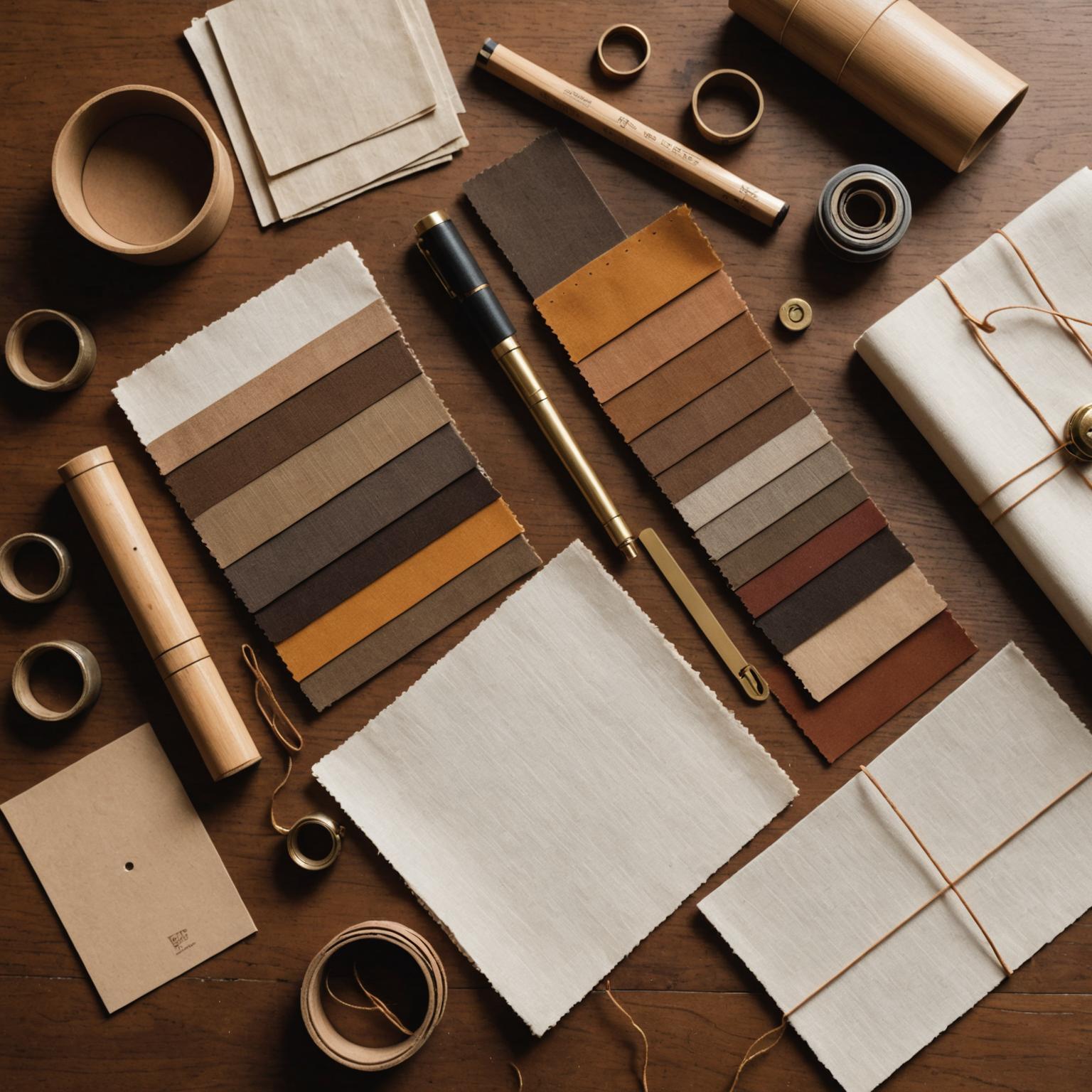 Flat lay of fabric, timber and hardware samples on a workshop bench