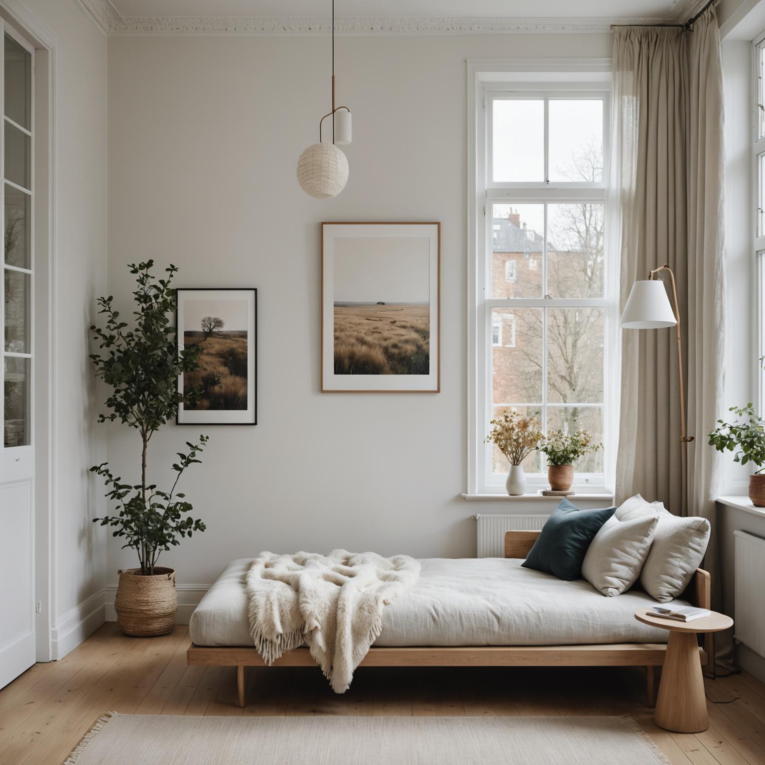 Scandinavian minimalist apartment with custom-made linen daybed