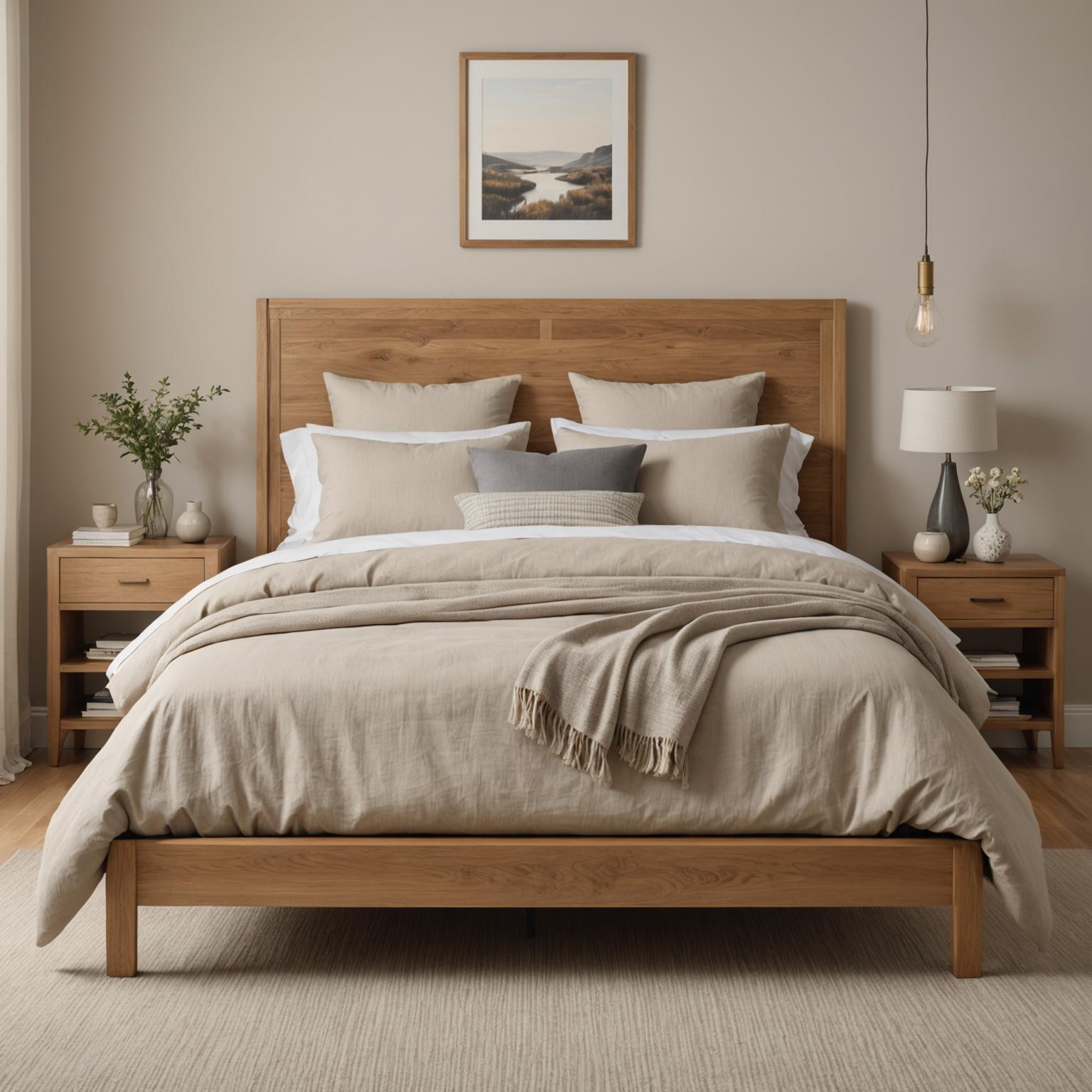 Solid oak platform bed with linen-upholstered headboard