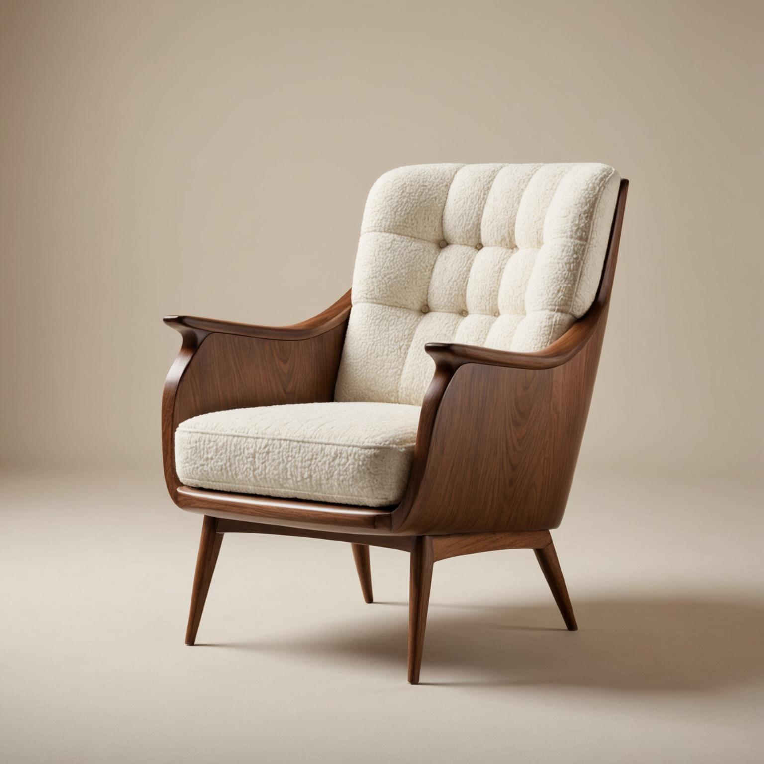 Mid-century walnut armchair with ivory boucle upholstery